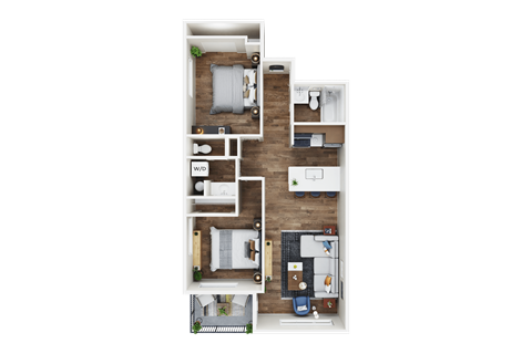 Floor plan for 2 beds, 1 bath, 875 sqft